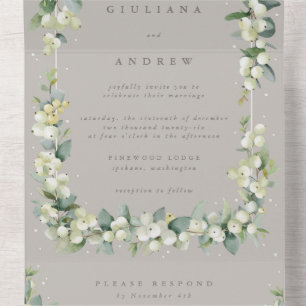 Taupe/Greige Sneeuwbes + Eucalyptus Wintertrouwdag All In One Uitnodiging