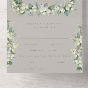 Taupe/Greige Snowberry+Eucalyptus Winterbruiloft All In One Uitnodiging