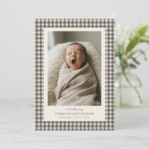 Taupe Grijs Gingham Introductie Baby Foto Geboorte Aankondiging