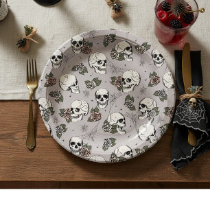 Taupe Grijze Gotische Schedels en Rozen Halloween Papieren Bordje