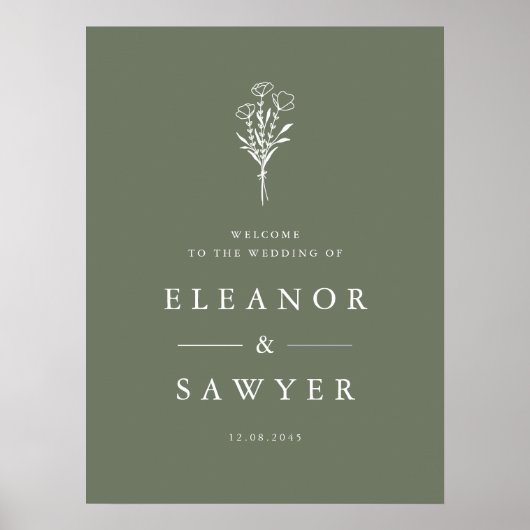 Taupe Groen Minimalistische Bloemen Boeket Huwelij Poster (Voorkant)