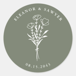 Taupe Groen Minimalistische Bloemen Boeket Huwelij Ronde Sticker