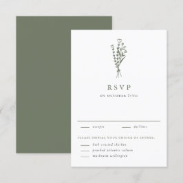 Taupe Groen Minimalistische Bloemen Boeket Huwelij RSVP Kaartje