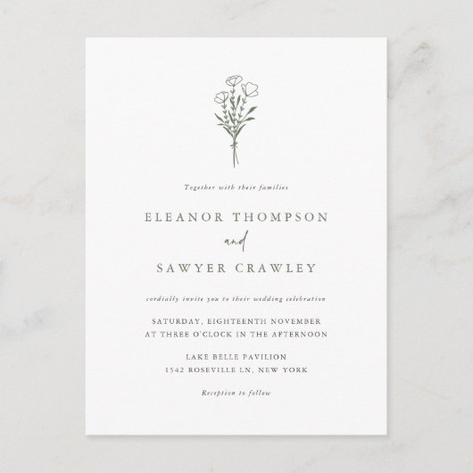 Taupe Groen Minimalistische Bloemen Boeket Huwelij Uitnodiging Briefkaart (Voorkant)