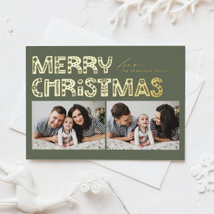 Taupe Groen Scandinavische Twee Foto Kerstmis Folie Feestdagen Briefkaart