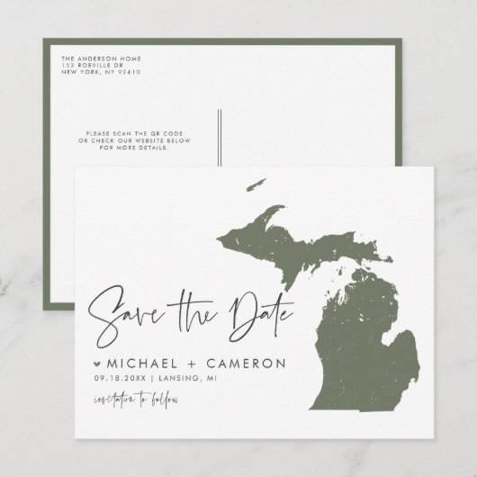 Taupe Groene Michigan Kaart QR-code Datum opslaan (Voorkant / Achterkant)