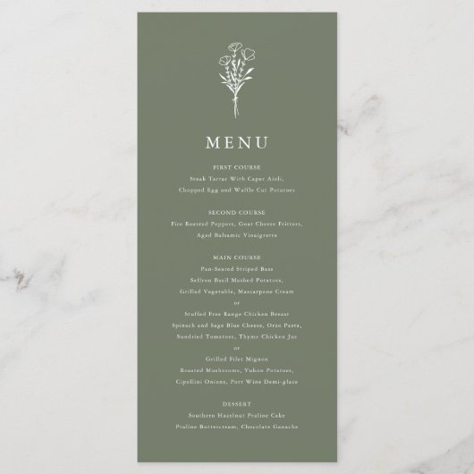Taupe groene minimalistische bloemboeket trouwfees menu (Voorkant)