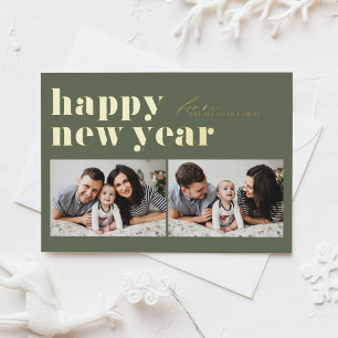 Taupe groene retro typografie foto gelukkig nieuwj folie feestdagen briefkaart