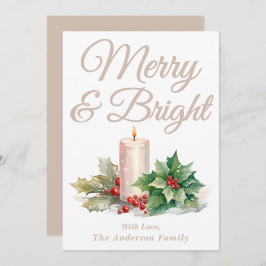 Taupe Handgeschreven Script Merry & Bright Feestdagenkaart (Voorkant / Achterkant)