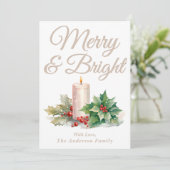Taupe Handgeschreven Script Merry & Bright Feestdagenkaart (Staand voorkant)