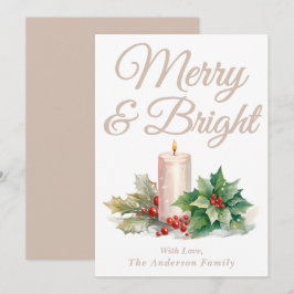 Taupe Handgeschreven Script Merry & Bright Feestdagenkaart