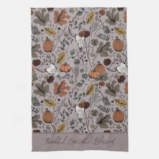 Taupe Harvest en Horns dankbaar gezegend Theedoek (Verticaal)