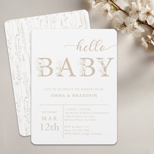 Taupe Hello Baby Wildflower Invitation Kaart