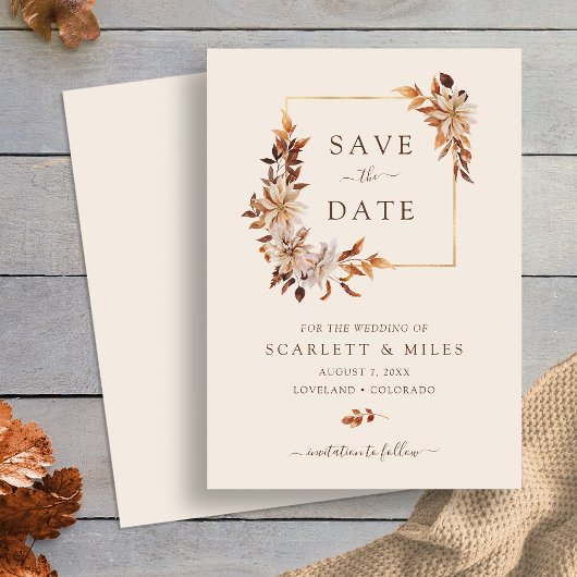 Taupe Herfst Aquarel Bloem Goud Frame Plat Save The Date
