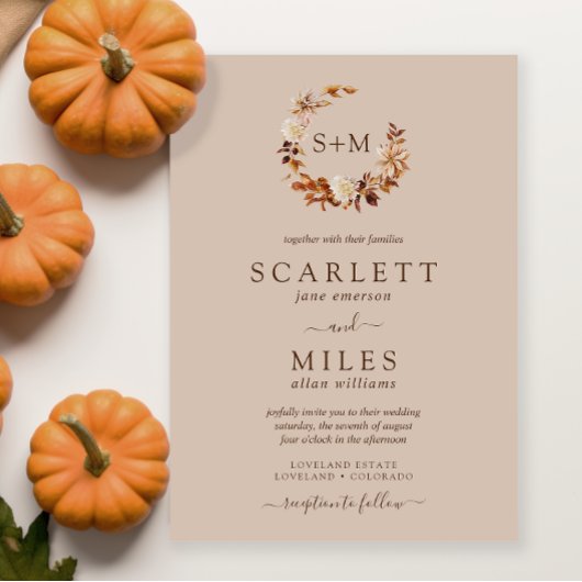Taupe Herfst Terracotta Monogram Krans Bruiloft Kaart