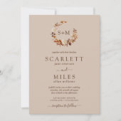 Taupe Herfst Terracotta Monogram Wreath Wedding Kaart (Voorkant)