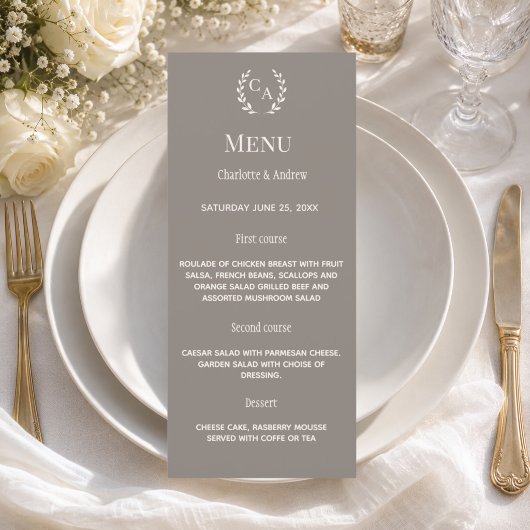 Taupe ivoor monogram krans klassiek diner bruiloft menu