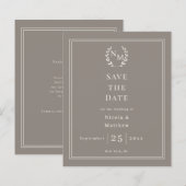 Taupe ivoor monogram krans trouw Save the Date (Voorkant / Achterkant)