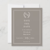 Taupe ivoor monogram krans trouw Save the Date (Voorkant)
