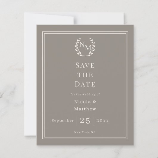 Taupe ivoor monogram krans trouw Save the Date (Voorkant)