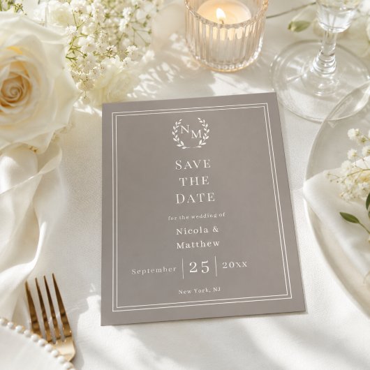 Taupe ivoor monogram krans trouw Save the Date