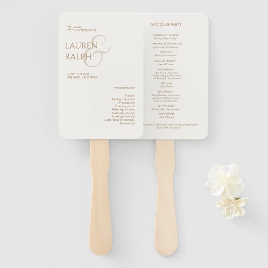 Taupe & Ivoor Monogram Welkom Huwelijk Programma Handwaaier (Voorkant en achterkant)