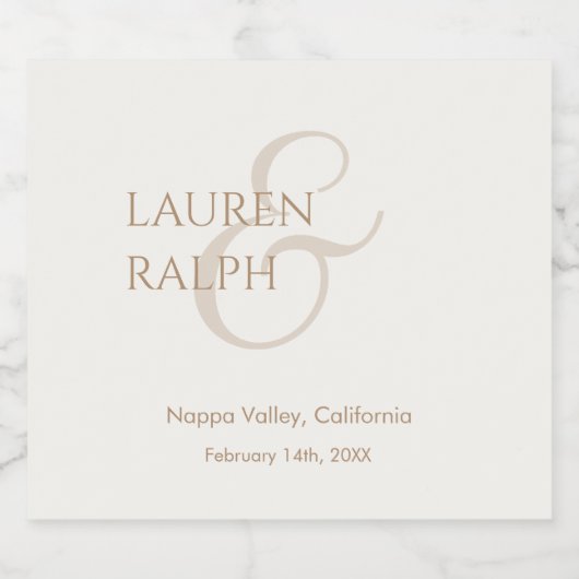 Taupe & Ivoor Paar Monogram Sparkling Wijnetiket (Enkel label)