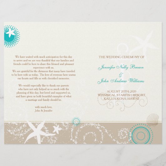 Taupe Ivory Aqua Beach Wedding Bi Fold Programme (Voorkant)