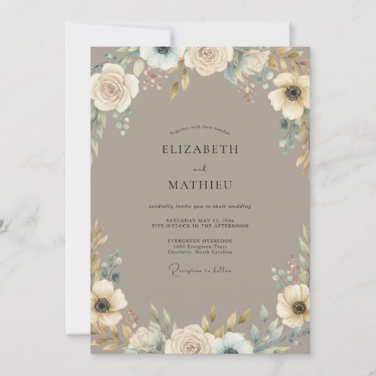 Taupe Ivory Bloom Bruiloft Kaart (Voorkant)