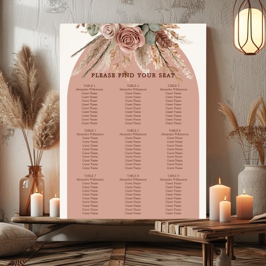 Taupe ivory pampas grass wedding seating chart poster