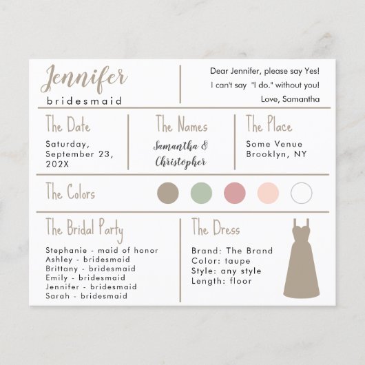 Taupe Jurk Kleur Bruidsmeisje Informatie Kaart (Voorkant)