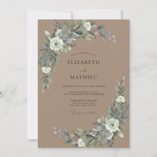Taupe Leiste Eucalyptus Bruiloft Kaart (Voorkant)