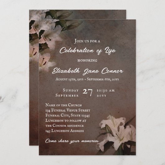 Taupe Lelies Viering van het Leven Kaart (Voorkant / Achterkant)