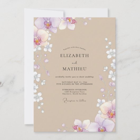 Taupe Lila Orchideeën Bruiloft Kaart (Voorkant)
