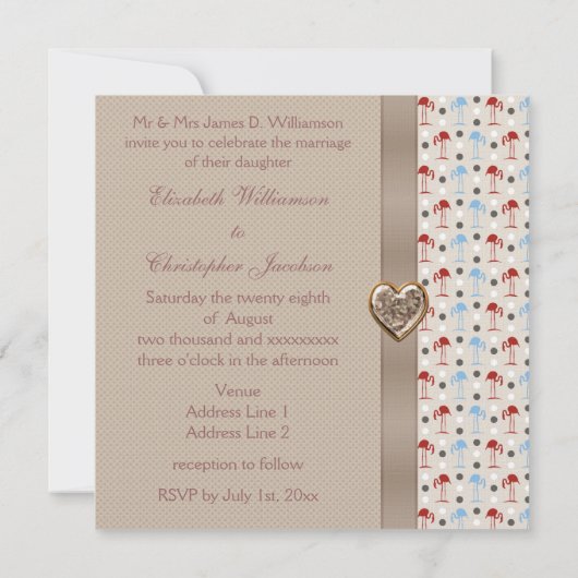 Taupe Linen Wonderland Flamingos Wedding Invites Kaart (Achterkant)