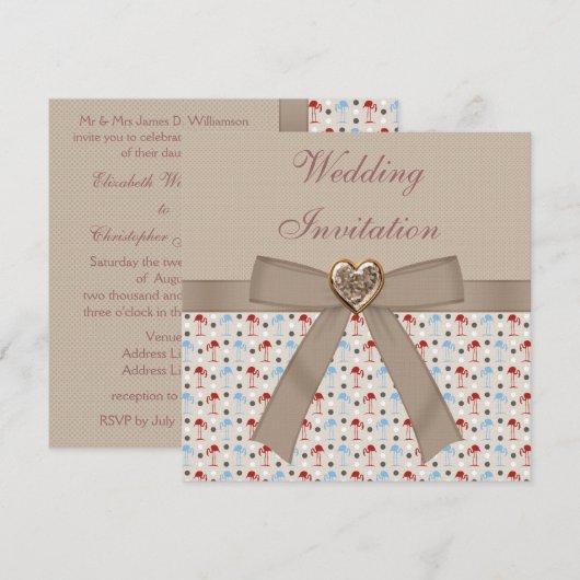 Taupe Linen Wonderland Flamingos Wedding Invites Kaart (Voorkant / Achterkant)