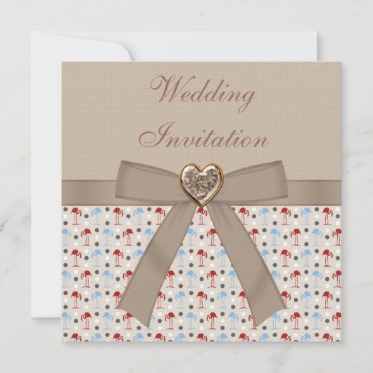 Taupe Linen Wonderland Flamingos Wedding Invites Kaart (Voorkant)