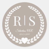 Taupe Linnen Bruine Trouw Monogram Initialen Ronde Sticker (Voorkant)