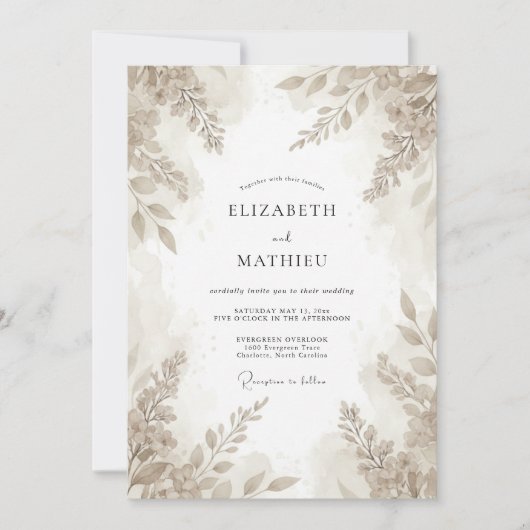 Taupe Loof Eucalyptus Bruiloft Kaart (Voorkant)