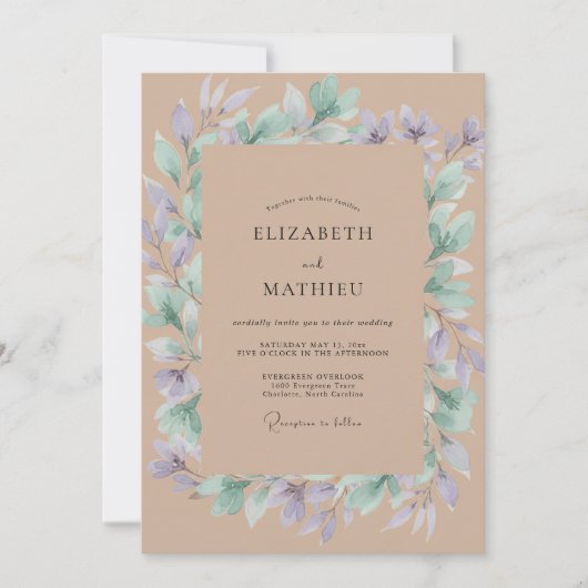Taupe Maagdenpalm Loof Eucalyptus Bruiloft Kaart (Voorkant)