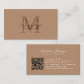 Taupe Metallic Bruin Monogram Script QR Code Visitekaartje (Voorkant / Achterkant)