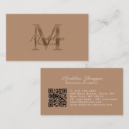 Taupe Metallic Bruin Monogram Script QR Code Visitekaartje (Voorkant / Achterkant)