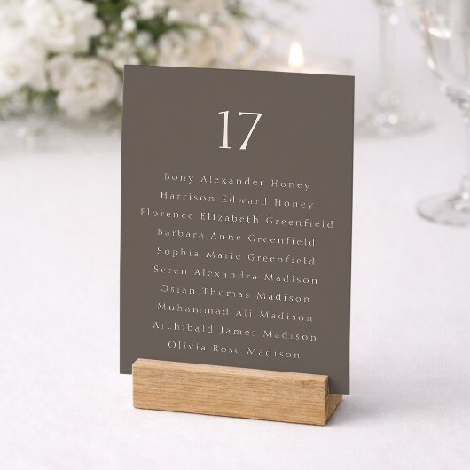 Taupe Minimal Wedding Table Number with Guest List Bedankkaart