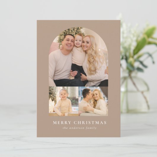 Taupe Minimalist Arch 3 Foto Feestdagenkaart (Staand voorkant)