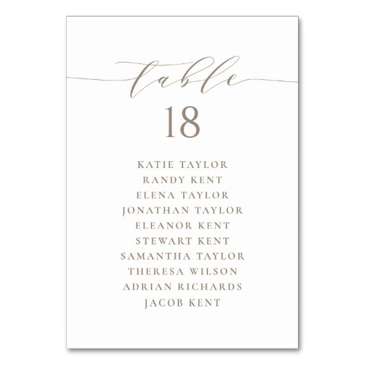 Taupe Minimalistisch Script Trouwstoelenplan Kaart (Voorkant)