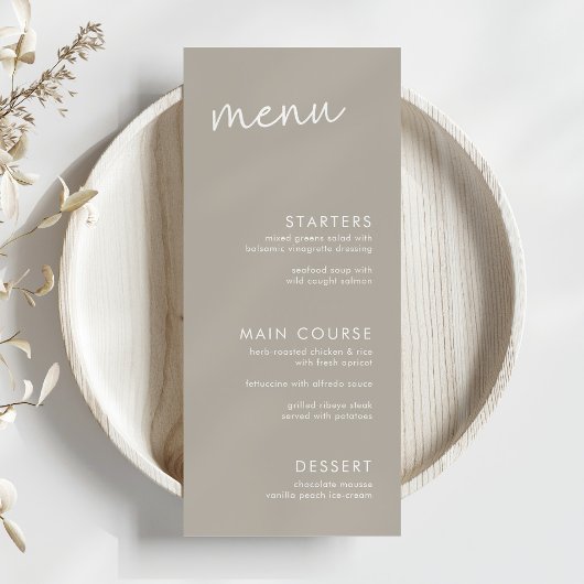 Taupe Minimalistisch Script Vrijgezellenfeest Menu
