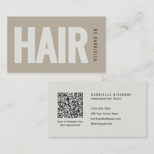 Taupe Minimalistische Kapper QR Code Visitekaartje (Voorkant / Achterkant)