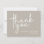 Taupe Minimalistische Script Bruids Shower Rechtop Bedankkaart (Voorkant)