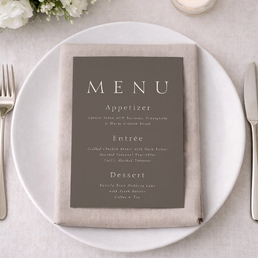 Taupe minimalistische trouwmenu kaart