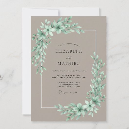 Taupe Mint Loof Eucalyptus Bruiloft Kaart (Voorkant)